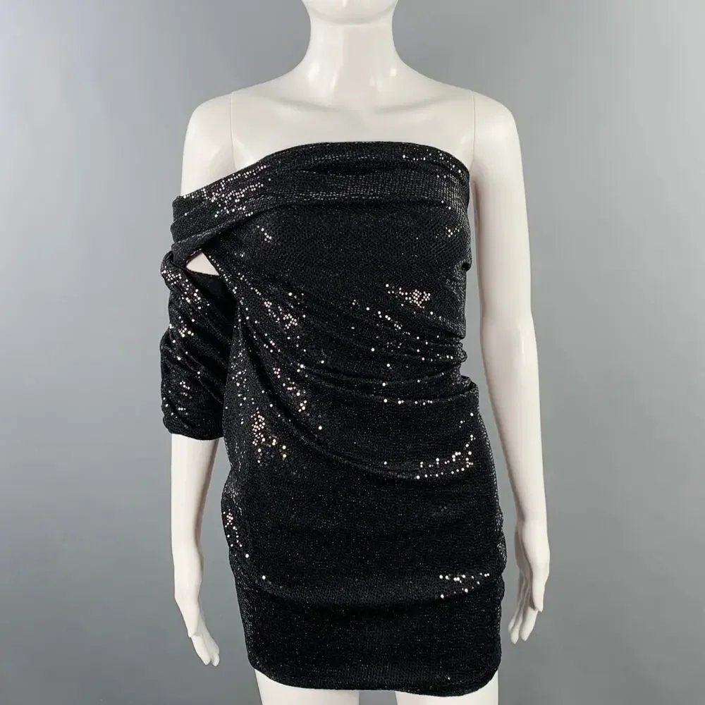 THE ATTICO Size 4 Black Nylon Blend Sequined One Shoulder Dress Top